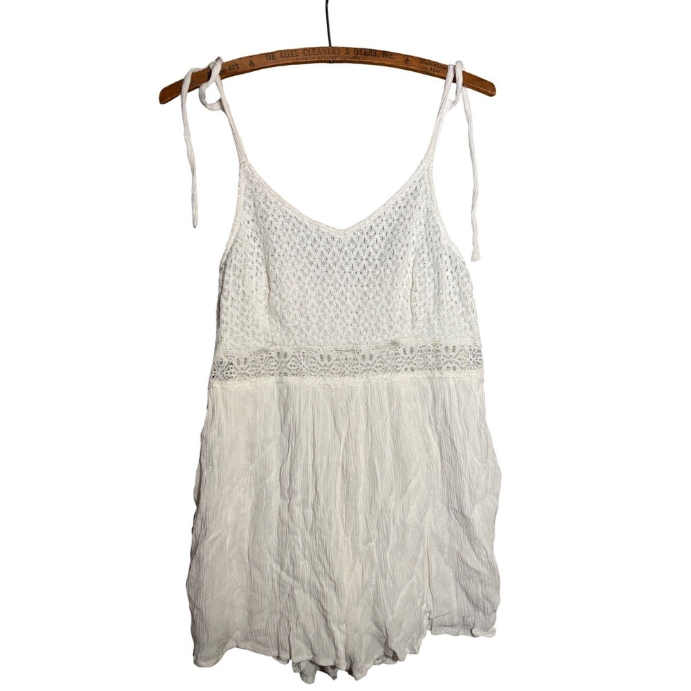 Bethany Mota M White Lace‎ Romper Tie Strap Crinkle Gauze Boho Summer Festival